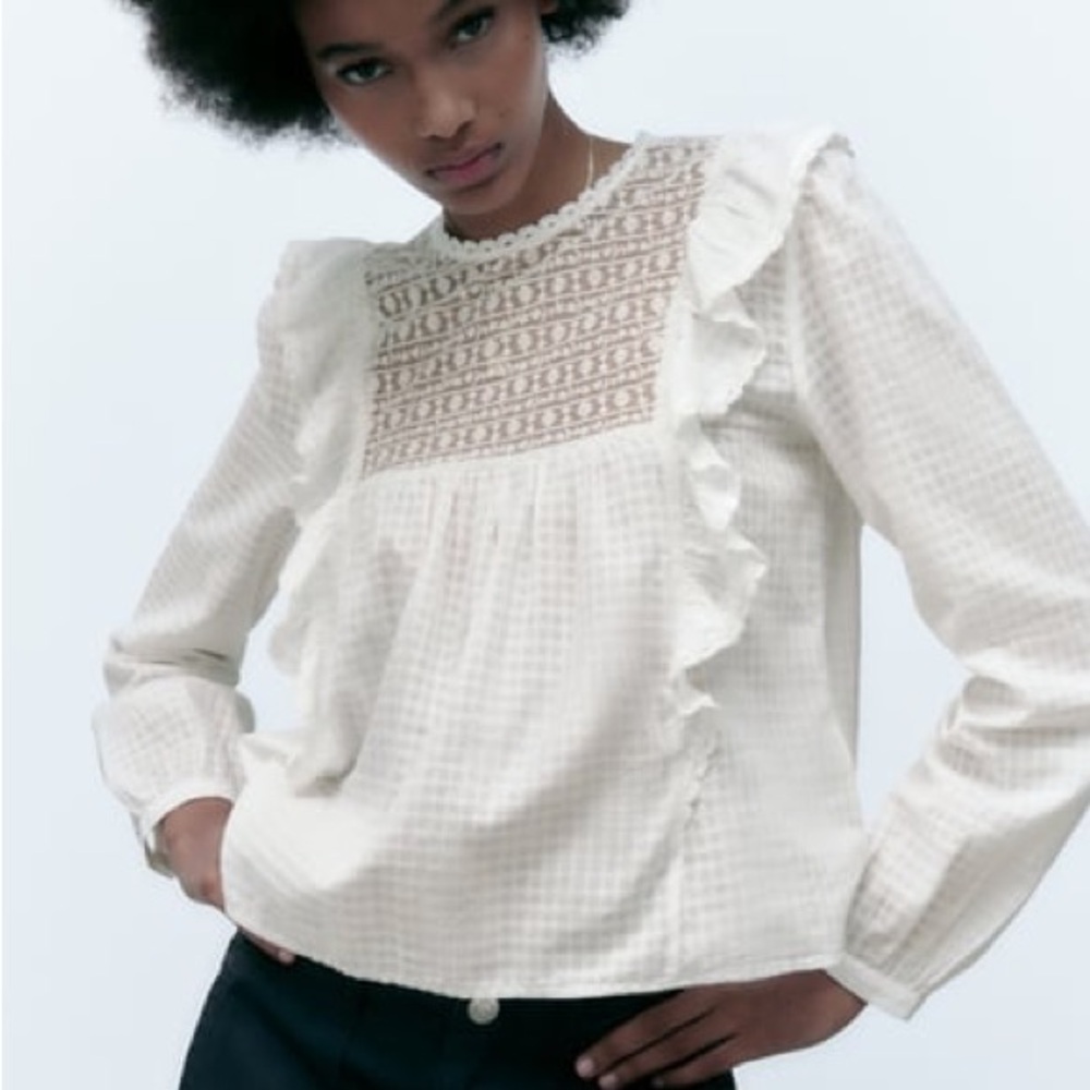 Zara ruffled white blouse with lace detail